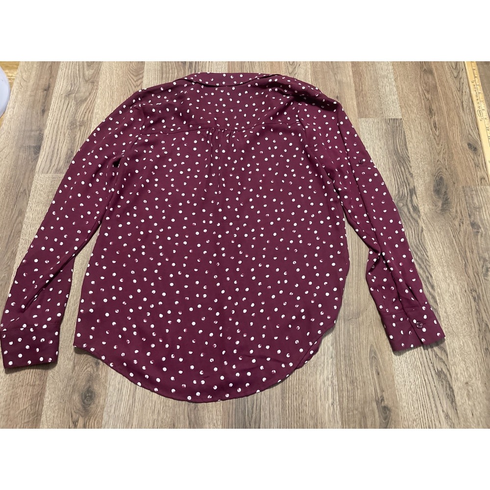 Maurices Blouse, Women's Small, Maroon White Polka Dots Long Sleeve Button Up - Picture 2 of 10